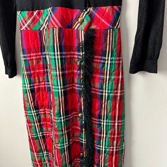 Vintage 60s 70s Maxi Dress Red Quilted Tartan Plaid Black Long Sleeve Christmas - Picture 5 of 12
